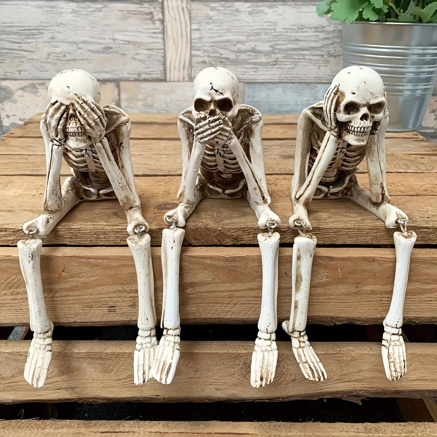 3 Skeleton Figurines No See Hear Speak Resin Gothic Skeleton Statues with Movable Legs
