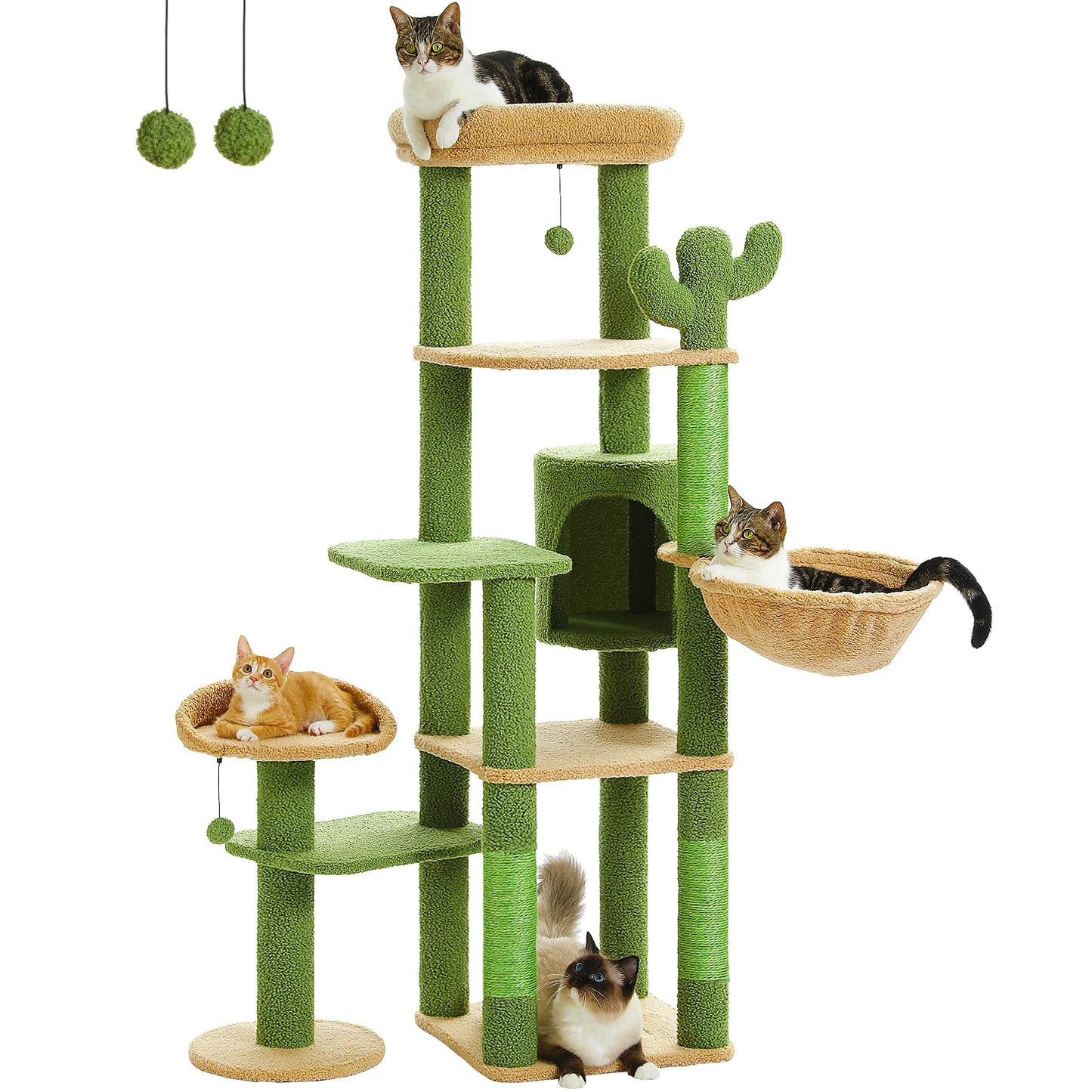 SHA CERLIN 65in Larger Cat Tree Tower Condo for Indoor Kitties/Multi-Level Furniture Activity Center with Wide Base/Cozy Plush Cat Perches/Baskets/Sisal Scratching Posts and Hammock/Beige