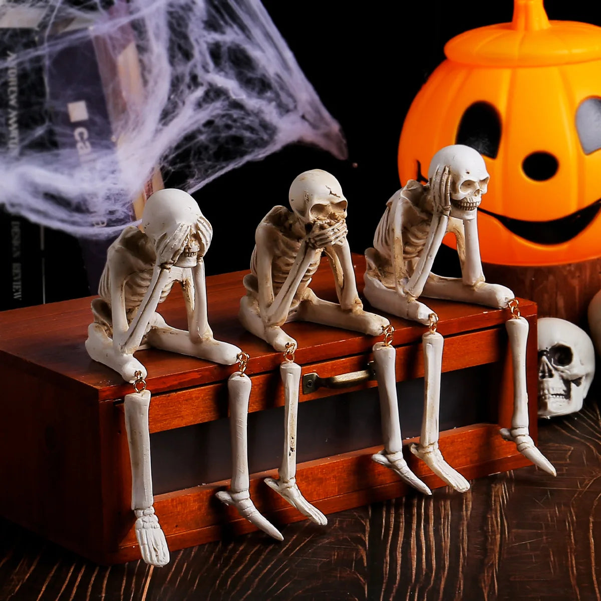 3 Skeleton Figurines No See Hear Speak Resin Gothic Skeleton Statues with Movable Legs