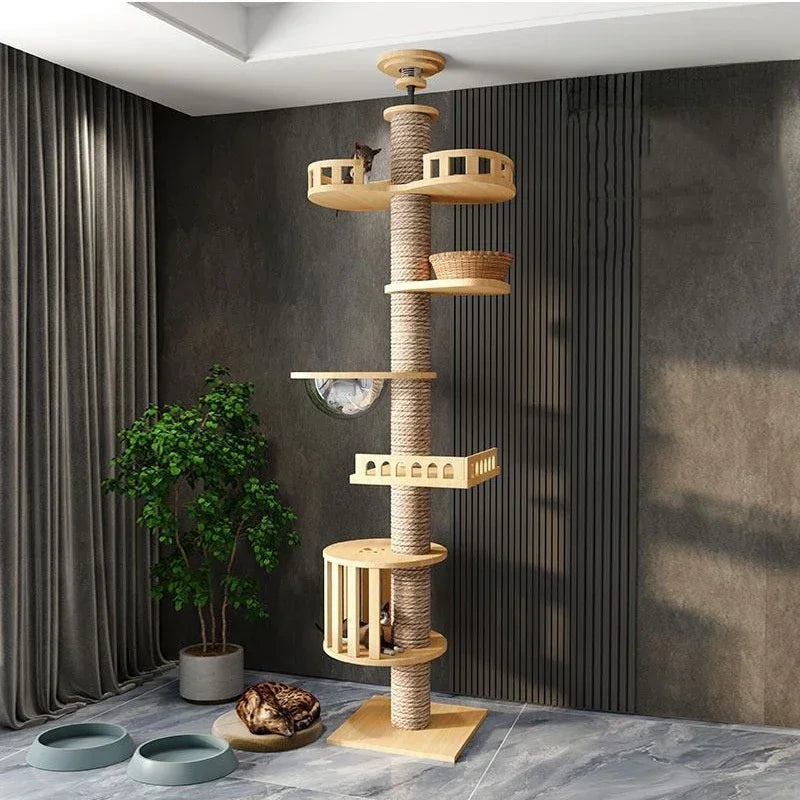 Adjustable Floor-to-Ceiling Tall Cat Tree Tower, Multi-Level Condo with Scratching Post & Hammock, 250–270cm