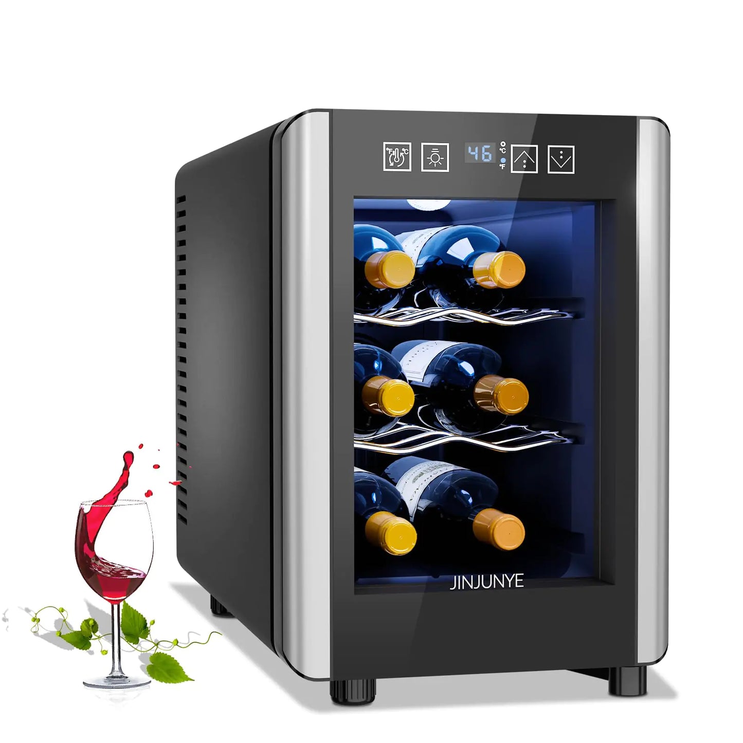 JINJUNYE 6 Bottle Wine Cooler Refrigerator Small Wine Fridge Countertop Wine Cooler with Digital Temperature Control Mini Freestanding Wine Cellars Glass Door High-End Gift