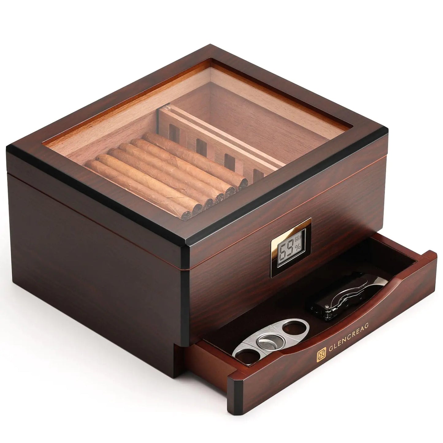 GLENCREAG MMT-3041 Cigar Humidor Box for 55 Counts See-Through Design with Spanish Cedar Lining & Divider Digital Hygrometer Accessory Drawer & Humidifier Gift for Cigar Aficionado