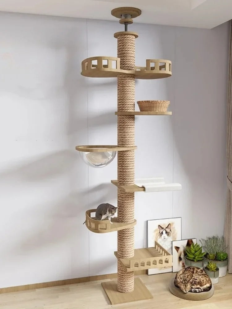 Adjustable Floor-to-Ceiling Tall Cat Tree Tower, Multi-Level Condo with Scratching Post & Hammock, 250–270cm
