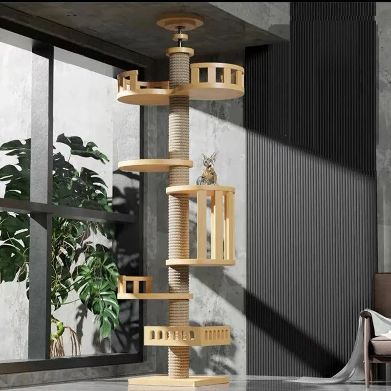 Adjustable Floor-to-Ceiling Tall Cat Tree Tower, Multi-Level Condo with Scratching Post & Hammock, 250–270cm