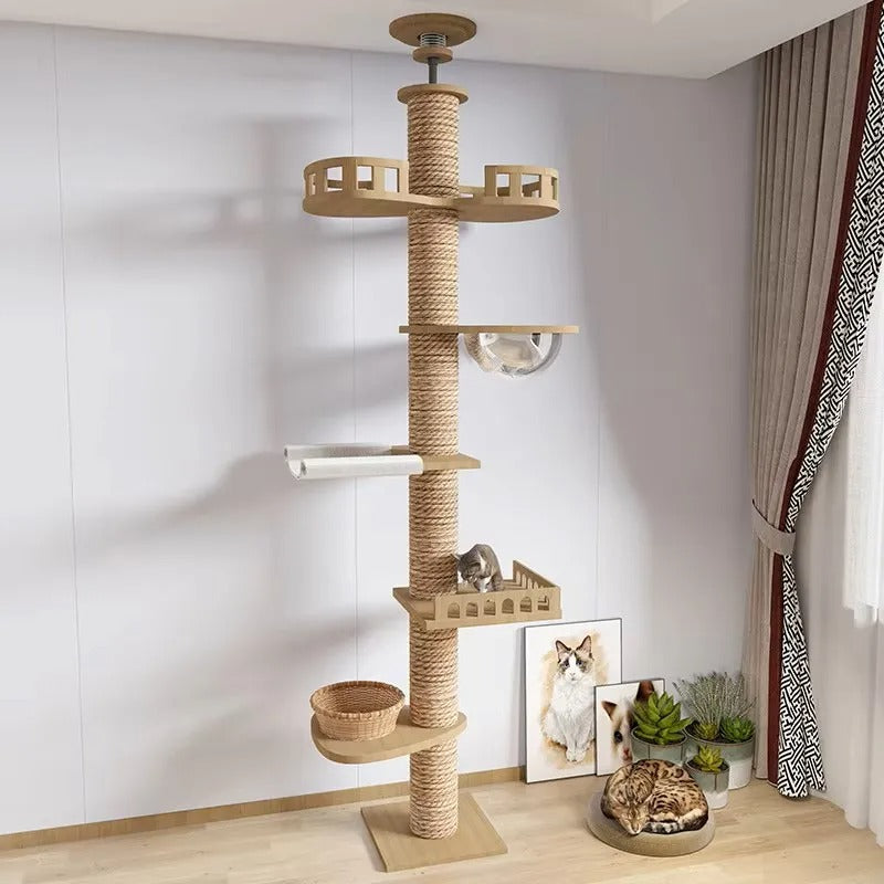 Adjustable Floor-to-Ceiling Tall Cat Tree Tower, Multi-Level Condo with Scratching Post & Hammock, 250–270cm