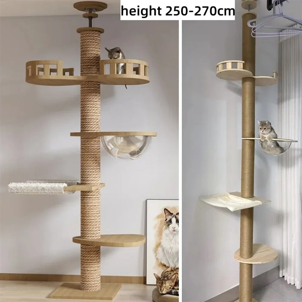 Adjustable Floor-to-Ceiling Tall Cat Tree Tower, Multi-Level Condo with Scratching Post & Hammock, 250–270cm