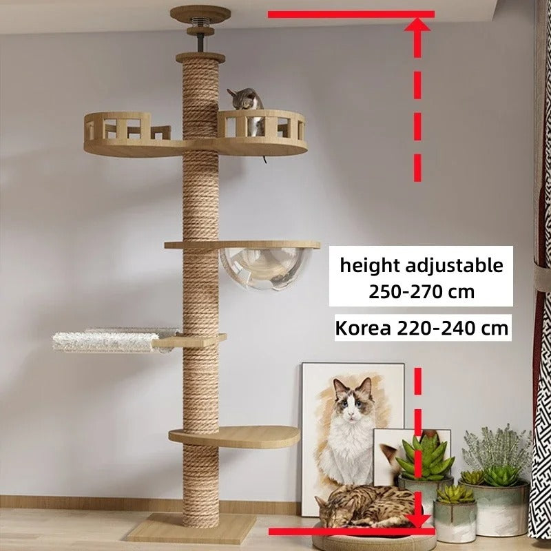 Adjustable Floor-to-Ceiling Tall Cat Tree Tower, Multi-Level Condo with Scratching Post & Hammock, 250–270cm