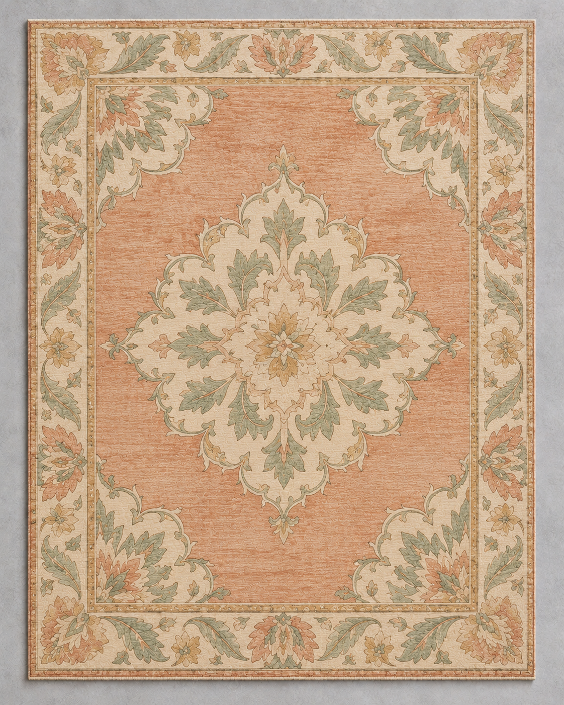 H01 Oushak Bloom rug from above, an ivory and celadon medallion on a washed apricot field with an ivory palmette border