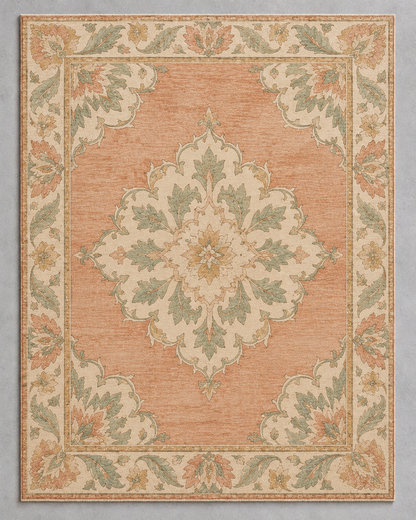 H01 Oushak Bloom rug from above, an ivory and celadon medallion on a washed apricot field with an ivory palmette border