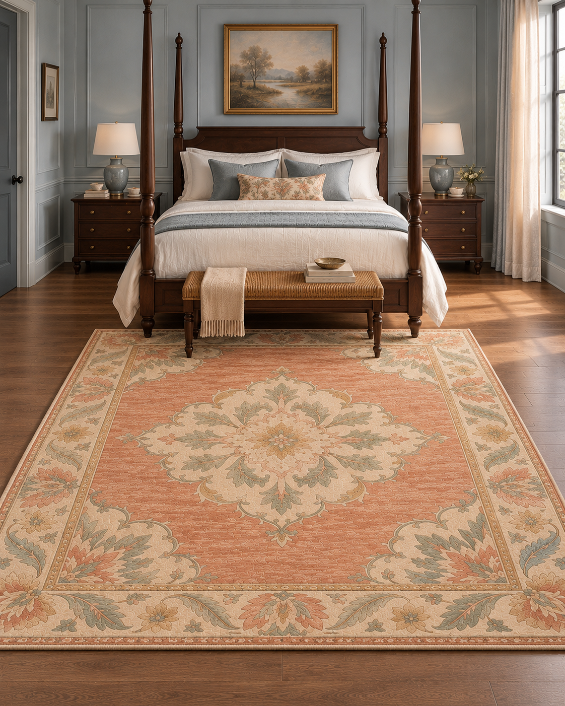 H01 Oushak Bloom hand-knotted rug in apricot, ivory and celadon in a blue-grey limewashed bedroom