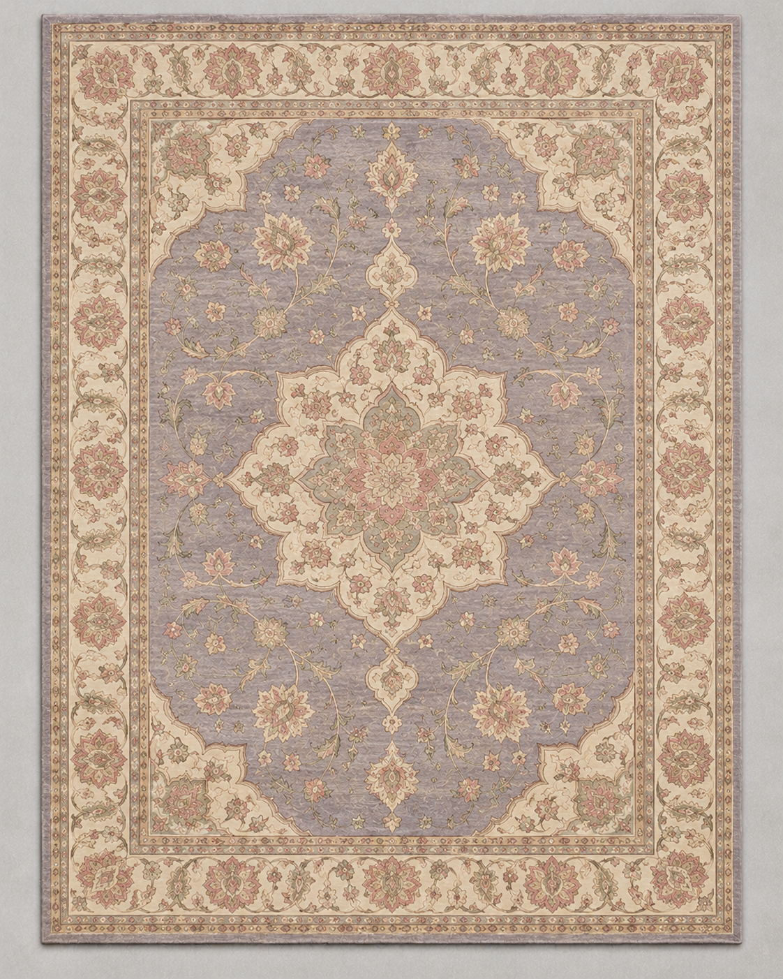 H02 Tabriz Medallion rug from above, an ivory medallion with blush and sage flowers on a lavender-grey field