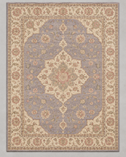 H02 Tabriz Medallion rug from above, an ivory medallion with blush and sage flowers on a lavender-grey field
