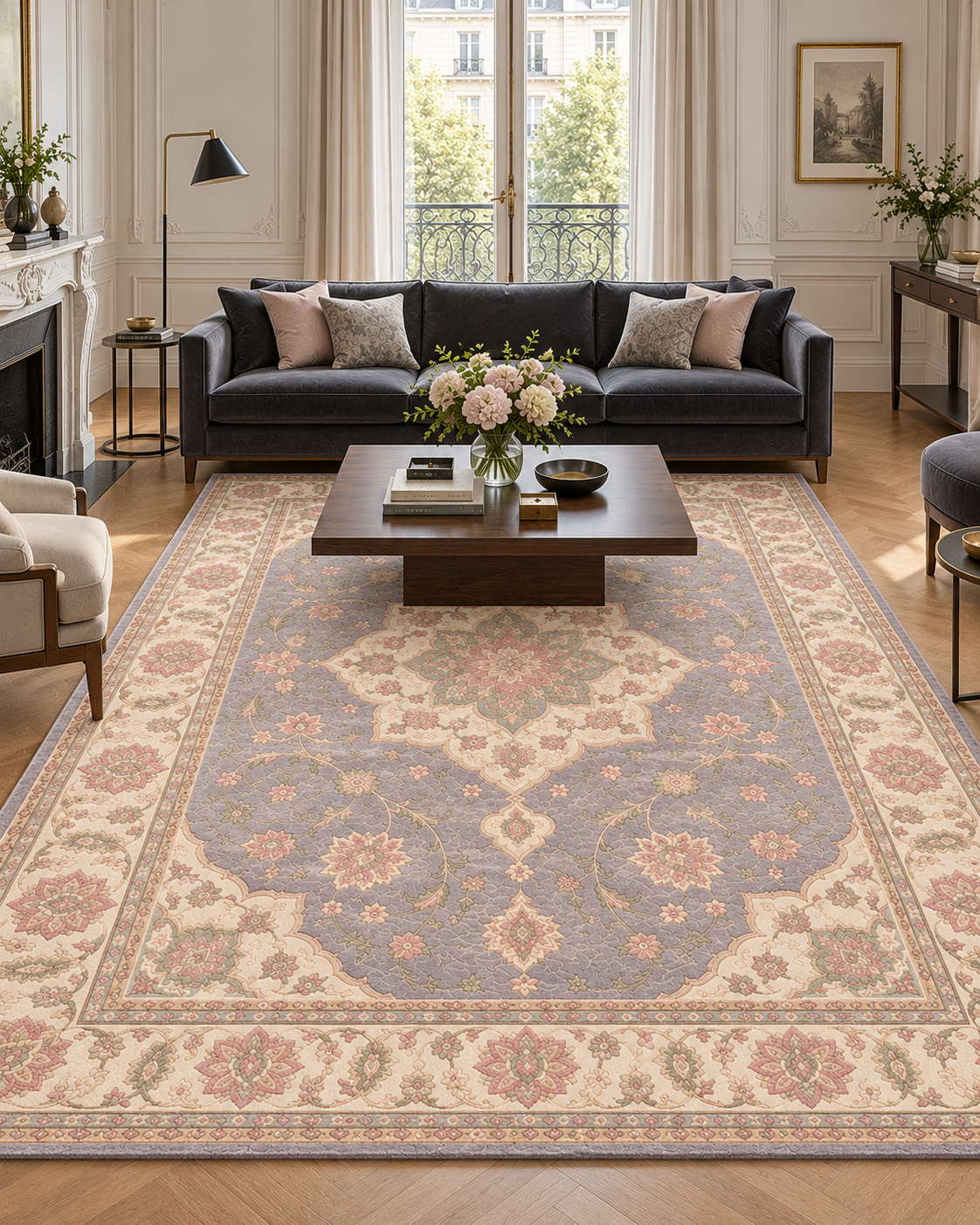 H02 Tabriz Medallion hand-knotted rug in lavender-grey, ivory and blush in a Parisian-style living room