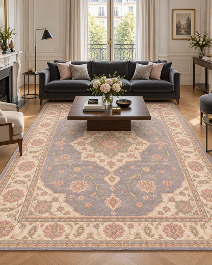 H02 Tabriz Medallion hand-knotted rug in lavender-grey, ivory and blush in a Parisian-style living room