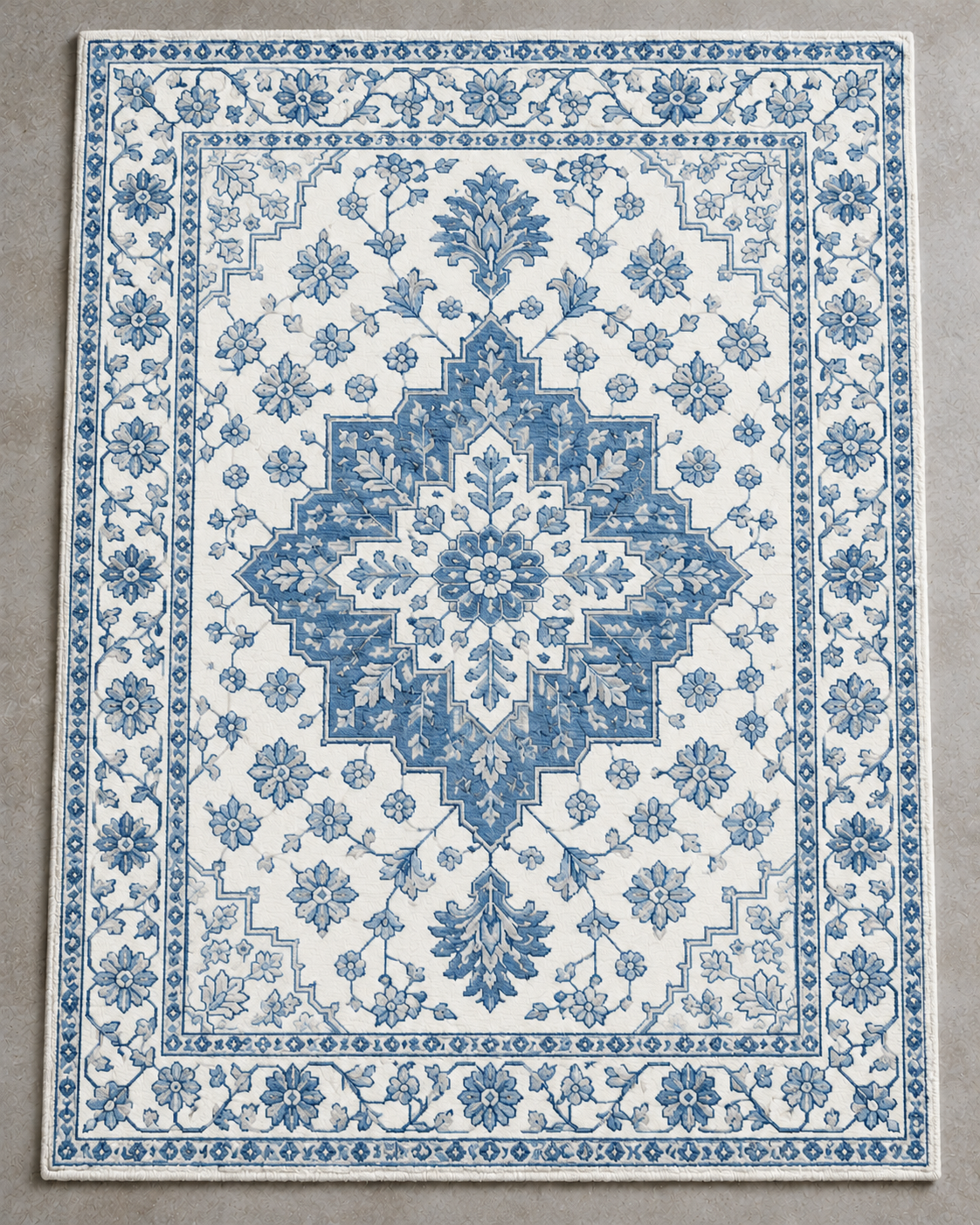 H04 Heriz rug from above, a stepped soft blue medallion on a pure white field with a white and blue border