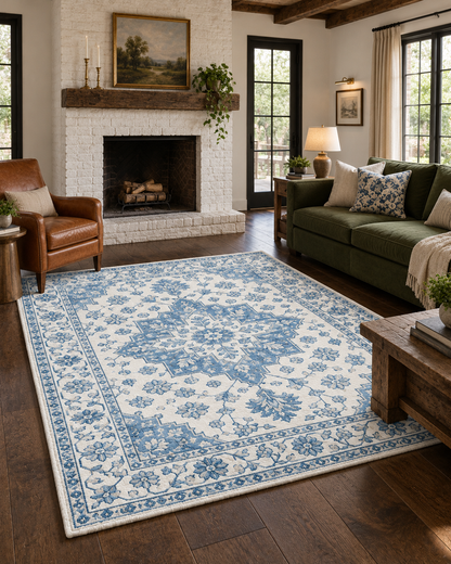 H04 Heriz hand-knotted rug in white and soft blue in a farmhouse-style living room