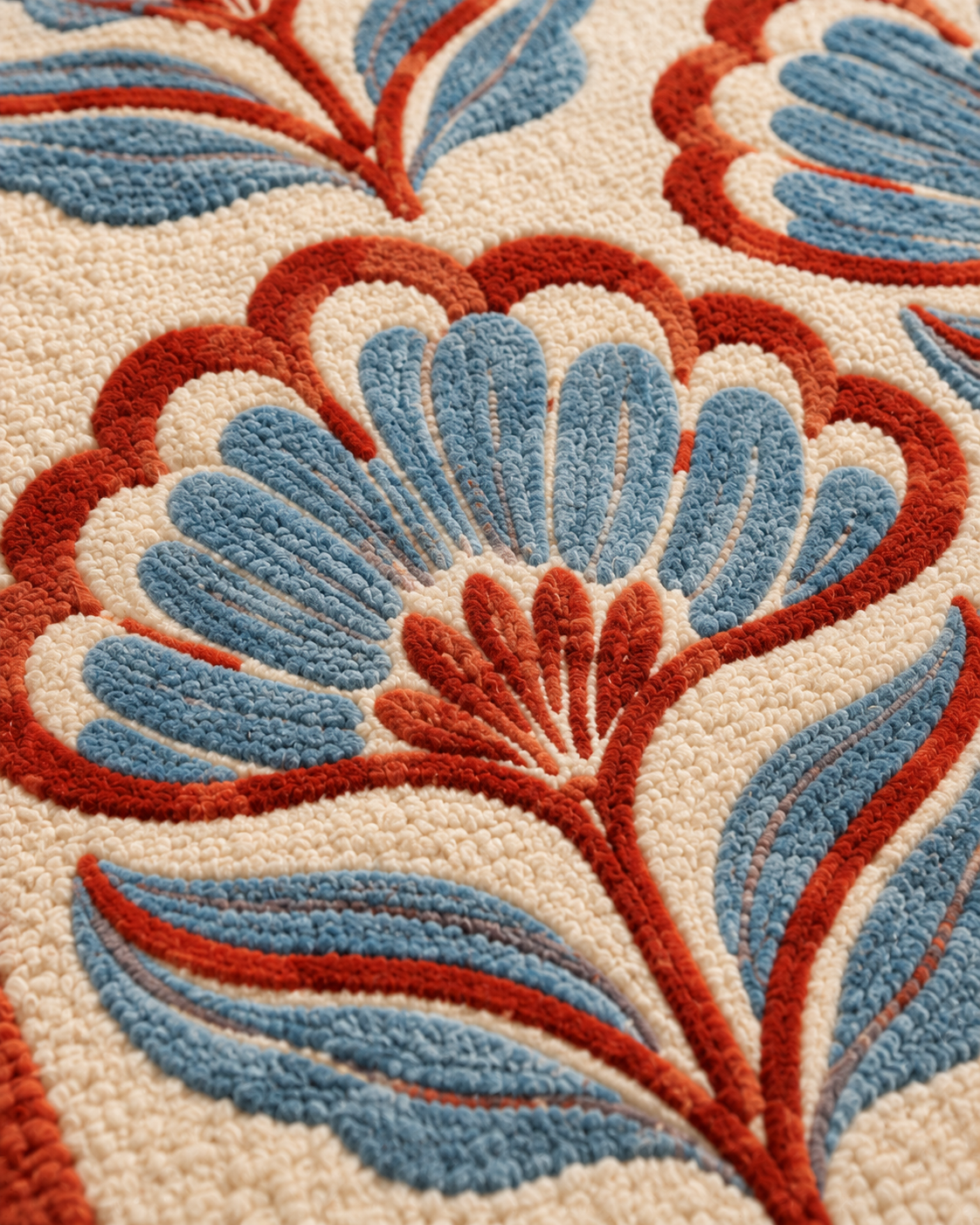 Close-up of H05 Jaipur Block showing a rust flower outline and powder blue fill in wool pile