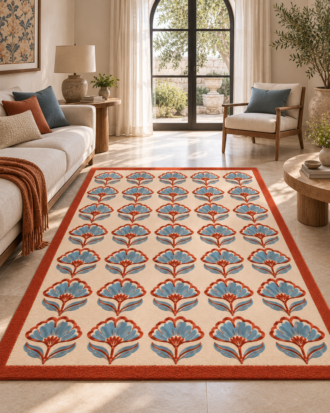H05 Jaipur Block hand-tufted rug in rust, powder blue and cream in a Mediterranean living room