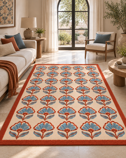 H05 Jaipur Block hand-tufted rug in rust, powder blue and cream in a Mediterranean living room