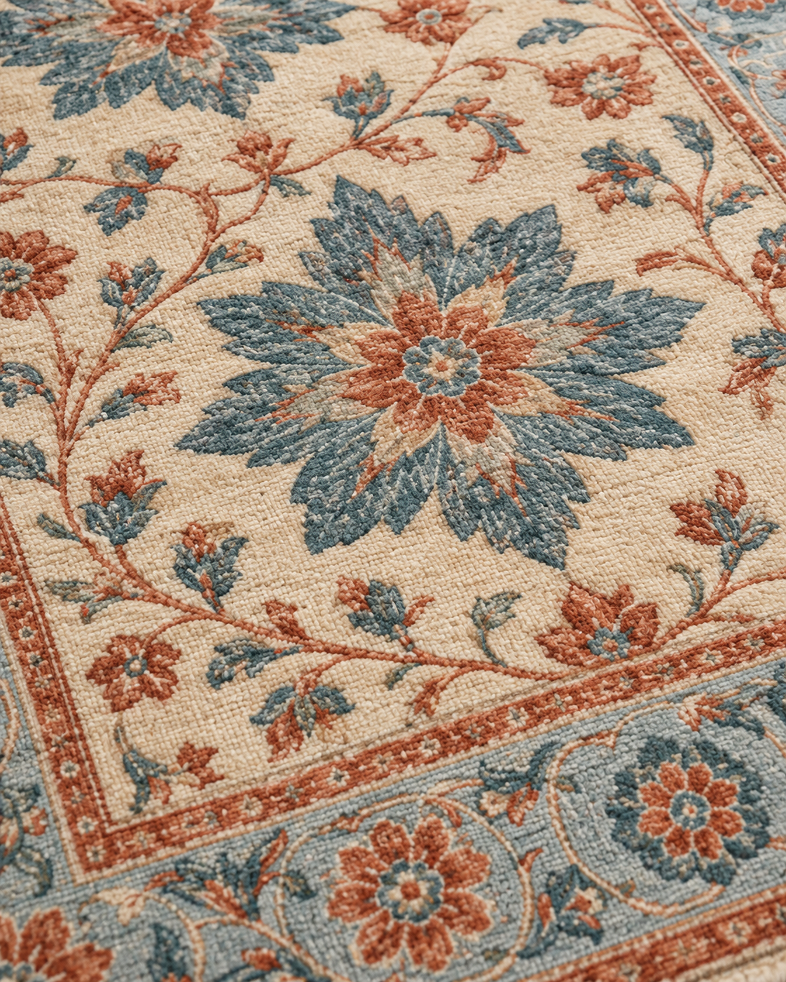 Close-up of H06 Mughal Star showing a slate-blue star-flower with terracotta centre in knotted wool