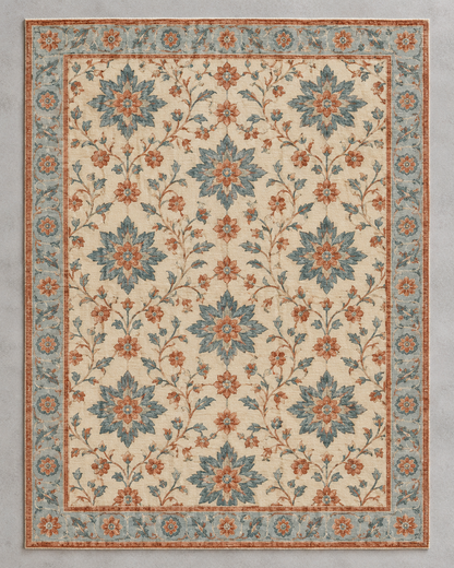 H06 Mughal Star rug from above, slate-blue and terracotta star-flowers on an ivory field with a duck-egg border
