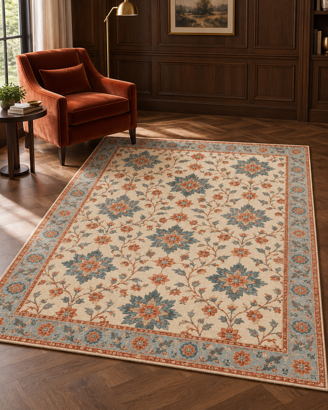 H06 Mughal Star hand-knotted rug in ivory, slate blue and terracotta in a walnut-panelled hotel suite