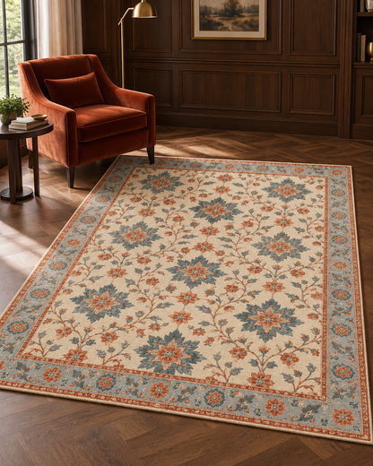 H06 Mughal Star hand-knotted rug in ivory, slate blue and terracotta in a walnut-panelled hotel suite