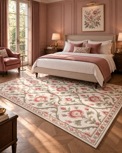 H07 Rose Lattice hand-knotted rug in white, sage and rose in a boutique hotel bedroom with ink-blue walls