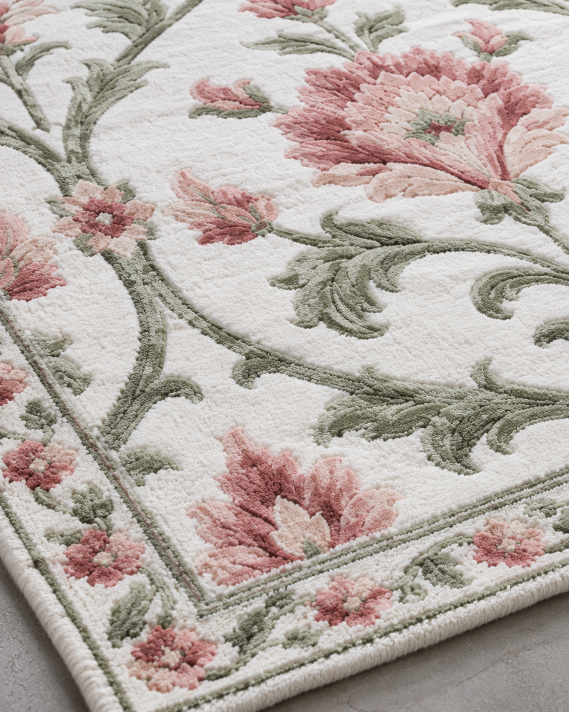 Close-up of H07 Rose Lattice showing a rose flower, sage leaves and wrapped edge in knotted wool
