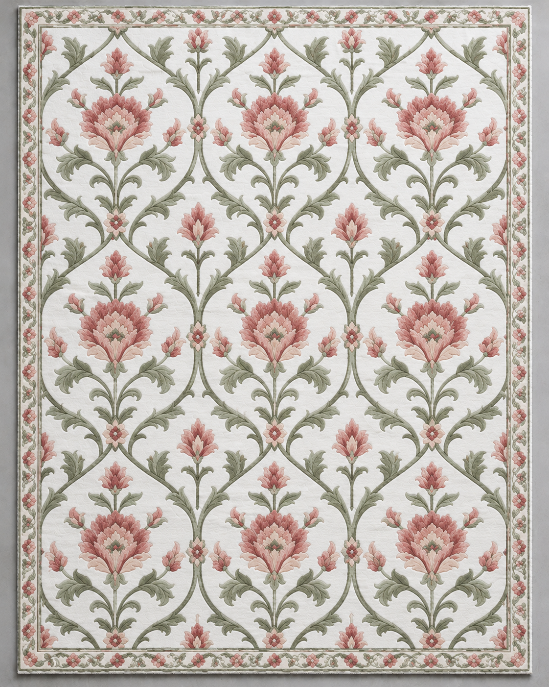 H07 Rose Lattice rug from above, rose-pink flowers in a sage lattice on a pure white ground