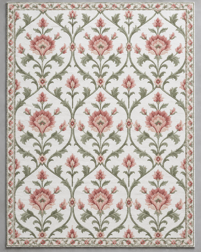 H07 Rose Lattice rug from above, rose-pink flowers in a sage lattice on a pure white ground
