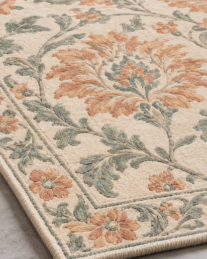 Close-up of H09 Garden Scroll showing a peach palmette, celadon leaves and wrapped edge in knotted wool