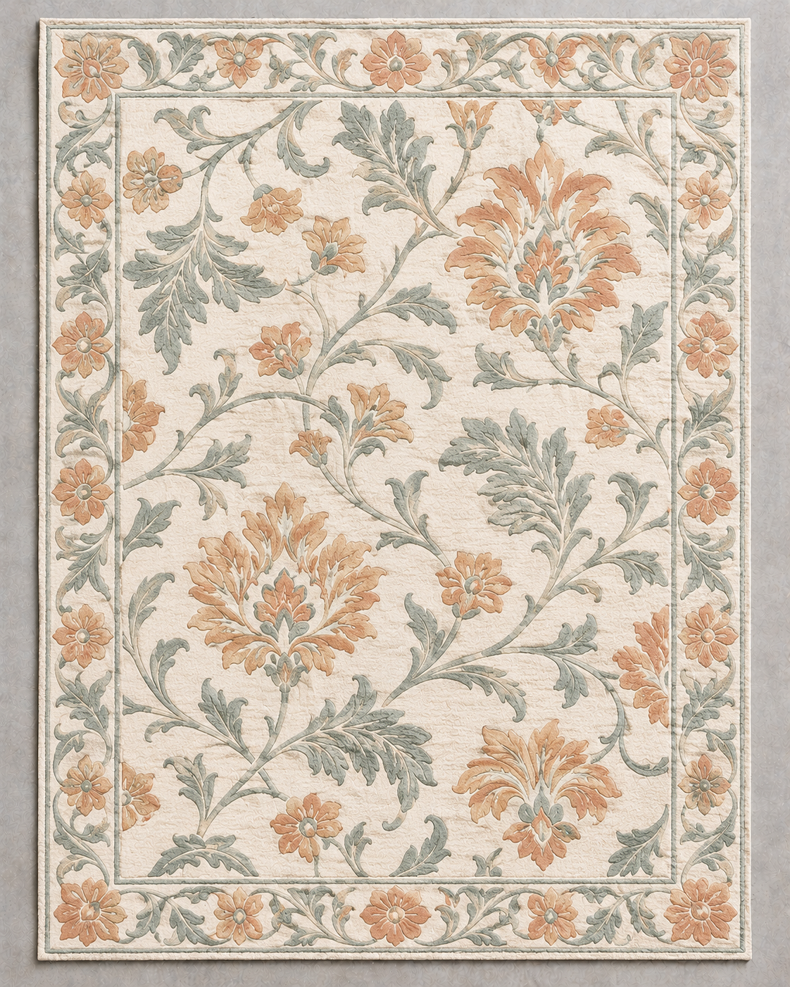 H09 Garden Scroll rug from above, oversized peach palmettes and celadon vines on a warm cream ground