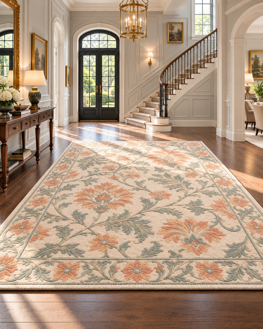 H09 Garden Scroll hand-knotted rug in cream, peach and celadon in a grand entrance hall
