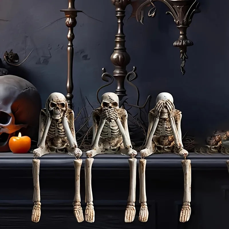 3 Skeleton Figurines No See Hear Speak Resin Gothic Skeleton Statues with Movable Legs