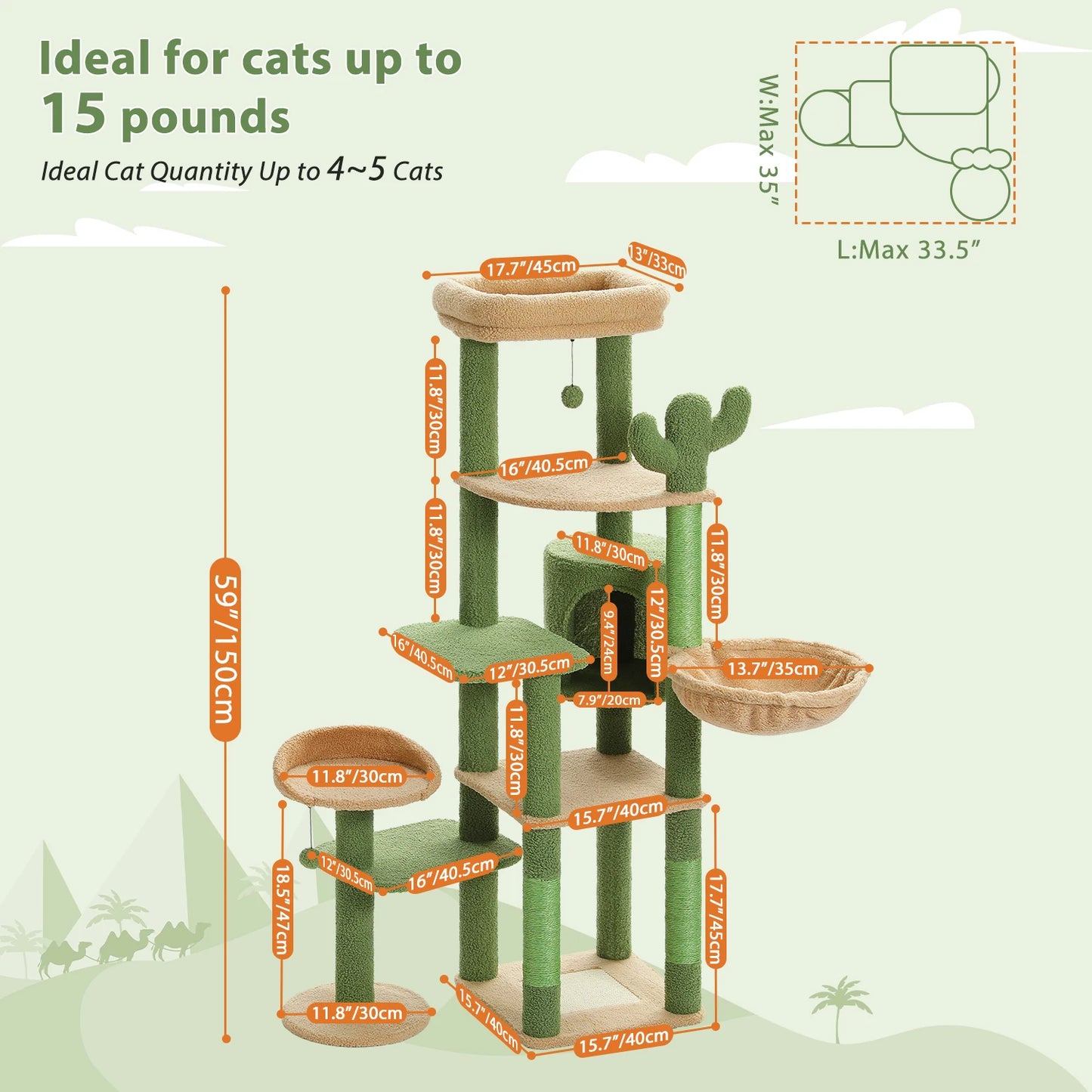 SHA CERLIN 65in Larger Cat Tree Tower Condo for Indoor Kitties/Multi-Level Furniture Activity Center with Wide Base/Cozy Plush Cat Perches/Baskets/Sisal Scratching Posts and Hammock/Beige
