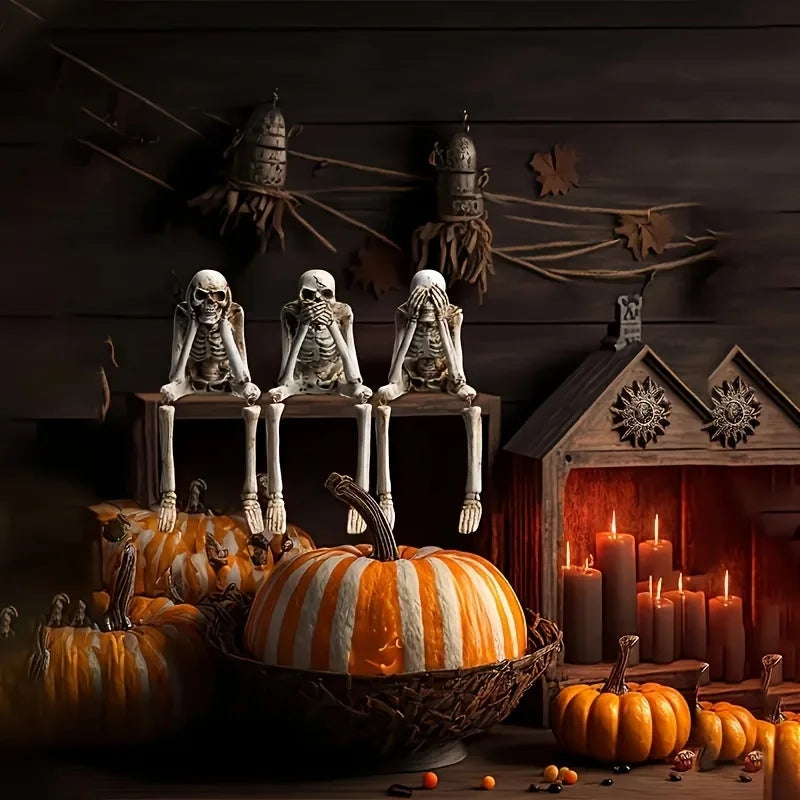 3 Skeleton Figurines No See Hear Speak Resin Gothic Skeleton Statues with Movable Legs