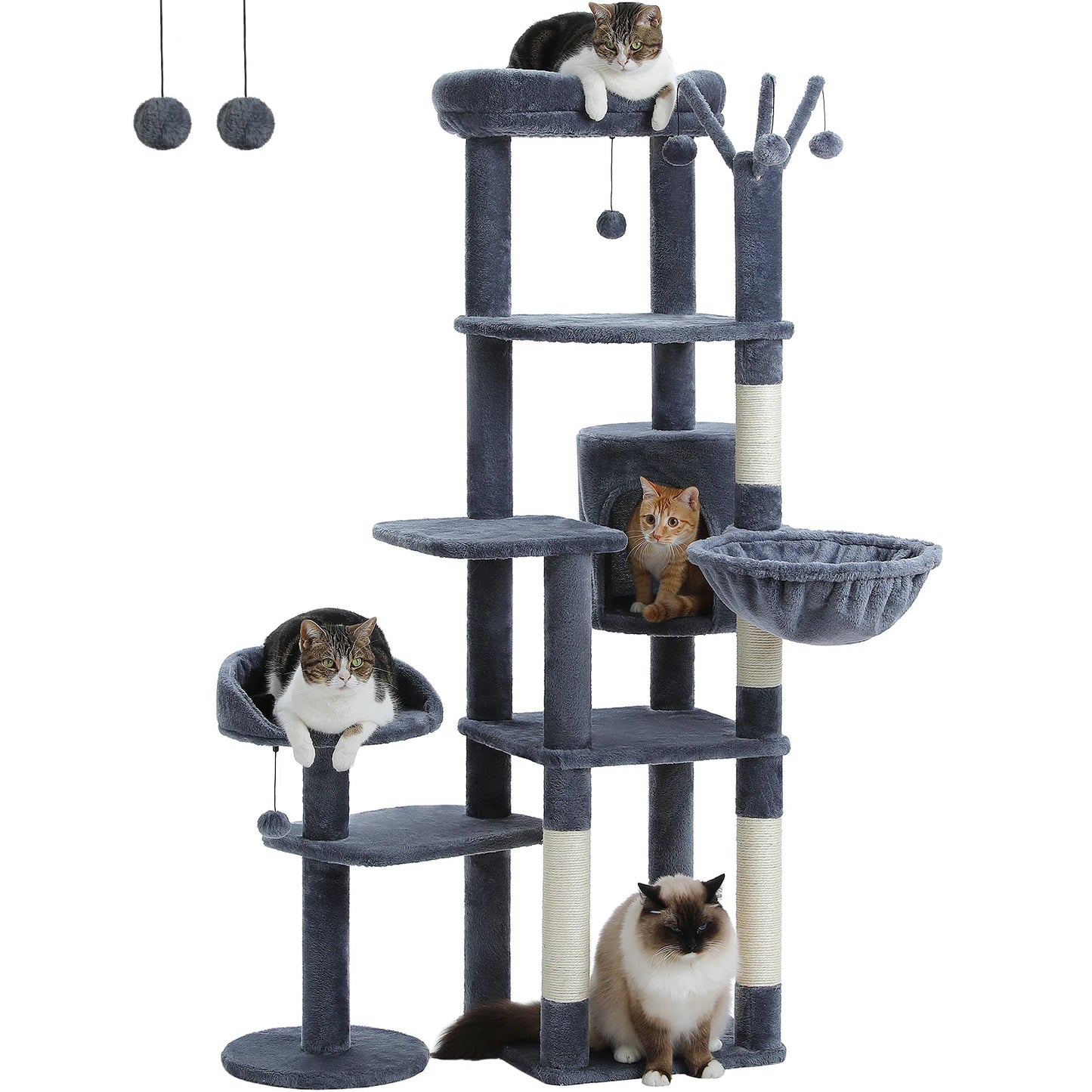 SHA CERLIN 65in Larger Cat Tree Tower Condo for Indoor Kitties/Multi-Level Furniture Activity Center with Wide Base/Cozy Plush Cat Perches/Baskets/Sisal Scratching Posts and Hammock/Beige