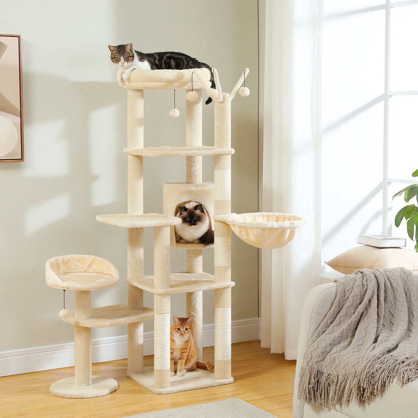 SHA CERLIN 65in Larger Cat Tree Tower Condo for Indoor Kitties/Multi-Level Furniture Activity Center with Wide Base/Cozy Plush Cat Perches/Baskets/Sisal Scratching Posts and Hammock/Beige