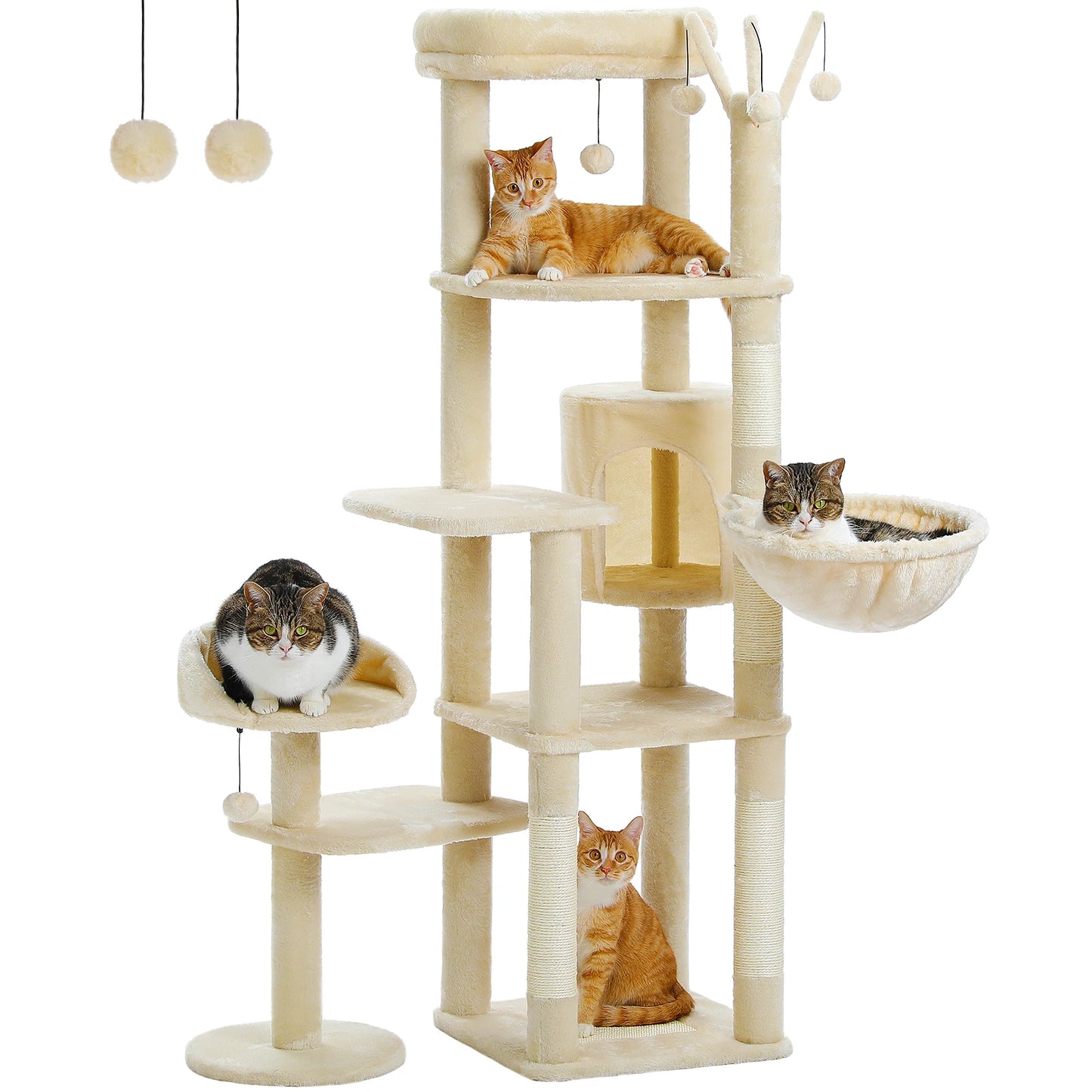 SHA CERLIN 65in Larger Cat Tree Tower Condo for Indoor Kitties/Multi-Level Furniture Activity Center with Wide Base/Cozy Plush Cat Perches/Baskets/Sisal Scratching Posts and Hammock/Beige