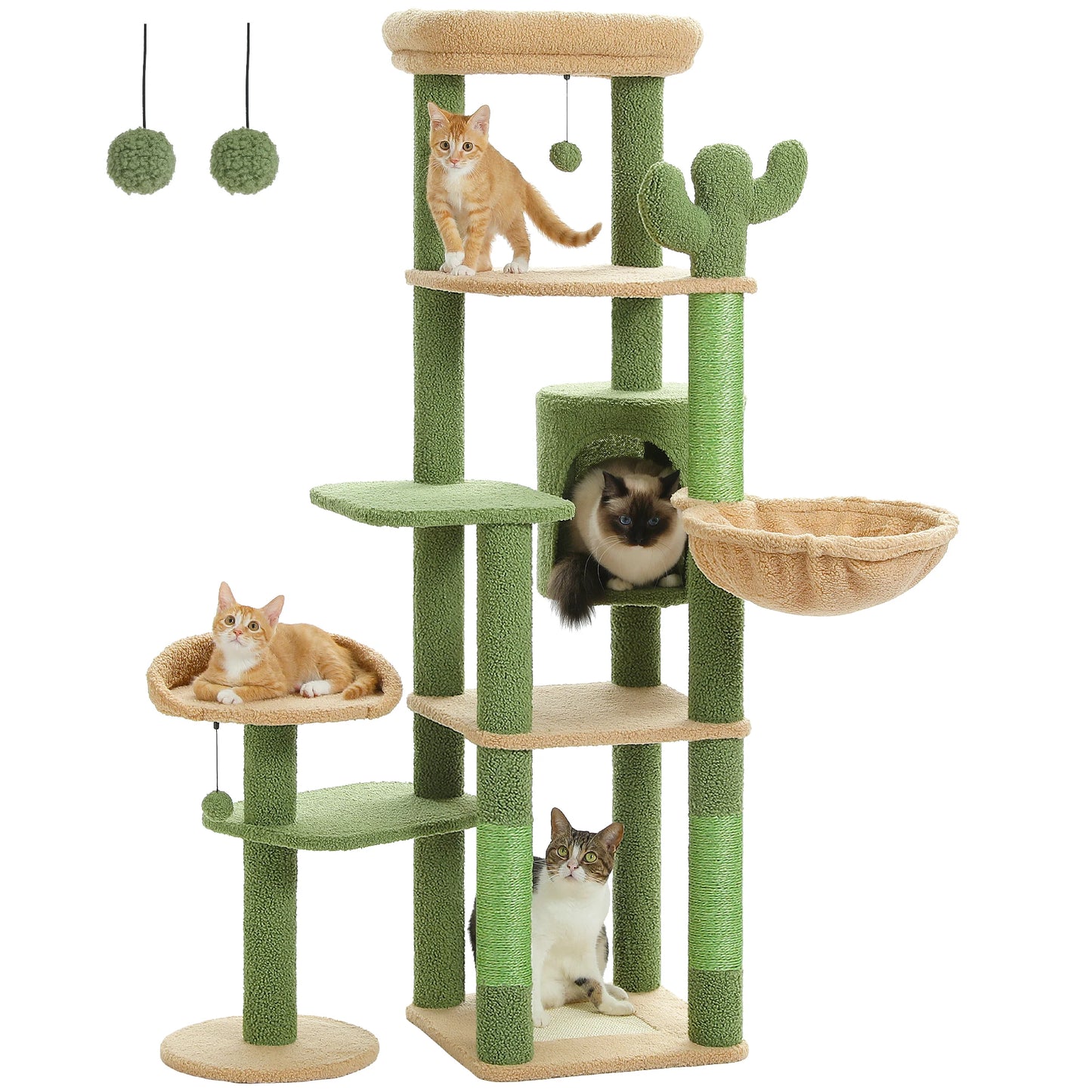 SHA CERLIN 65in Larger Cat Tree Tower Condo for Indoor Kitties/Multi-Level Furniture Activity Center with Wide Base/Cozy Plush Cat Perches/Baskets/Sisal Scratching Posts and Hammock/Beige