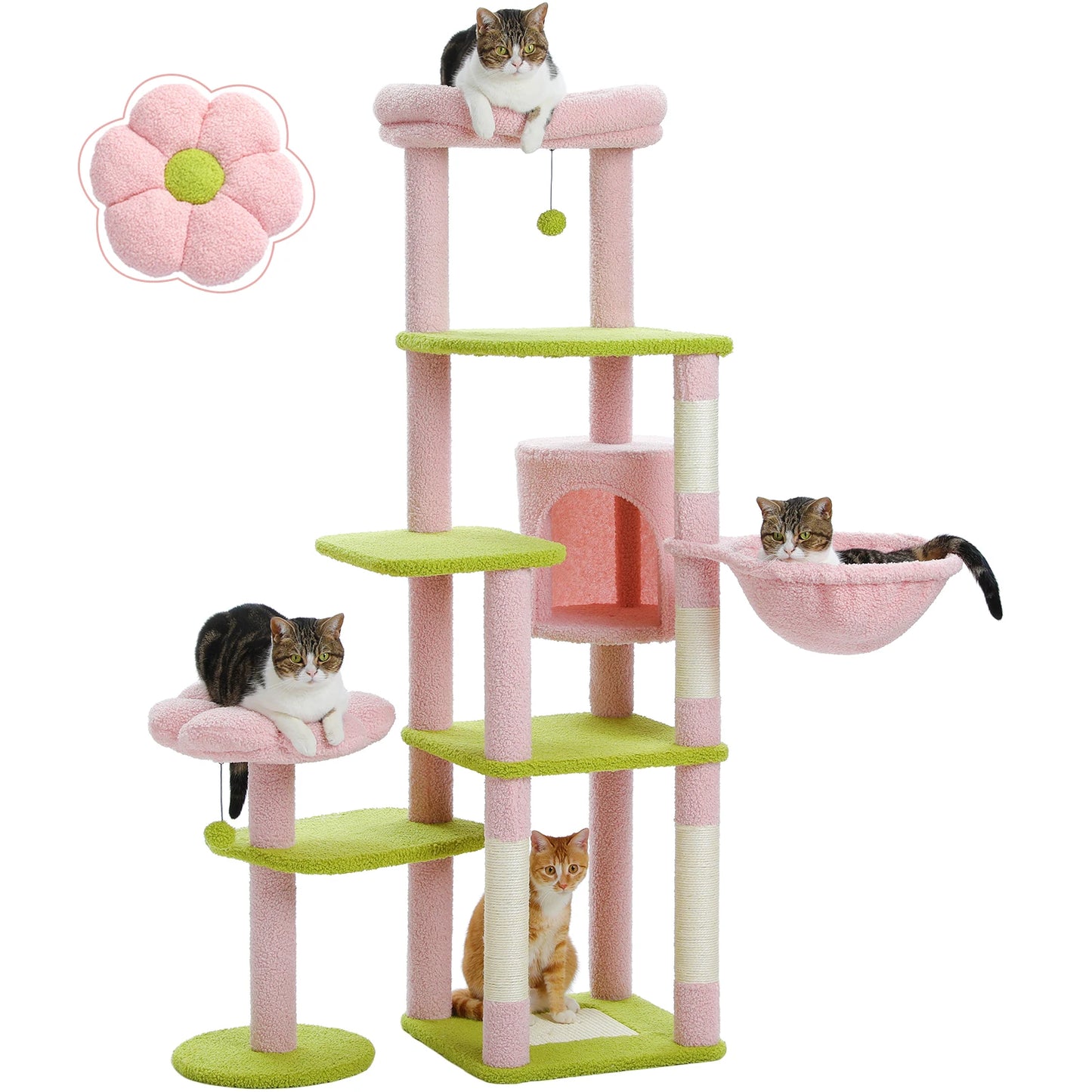 SHA CERLIN 65in Larger Cat Tree Tower Condo for Indoor Kitties/Multi-Level Furniture Activity Center with Wide Base/Cozy Plush Cat Perches/Baskets/Sisal Scratching Posts and Hammock/Beige