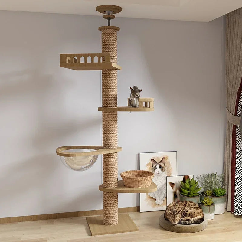 Adjustable Floor-to-Ceiling Tall Cat Tree Tower, Multi-Level Condo with Scratching Post & Hammock, 250–270cm