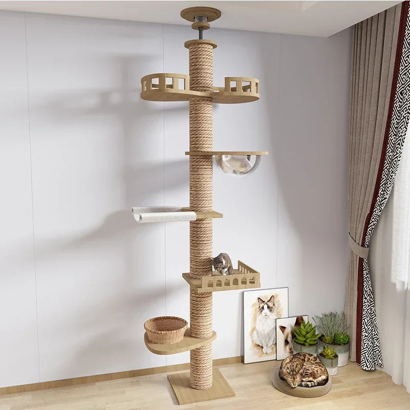 Adjustable Floor-to-Ceiling Tall Cat Tree Tower, Multi-Level Condo with Scratching Post & Hammock, 250–270cm