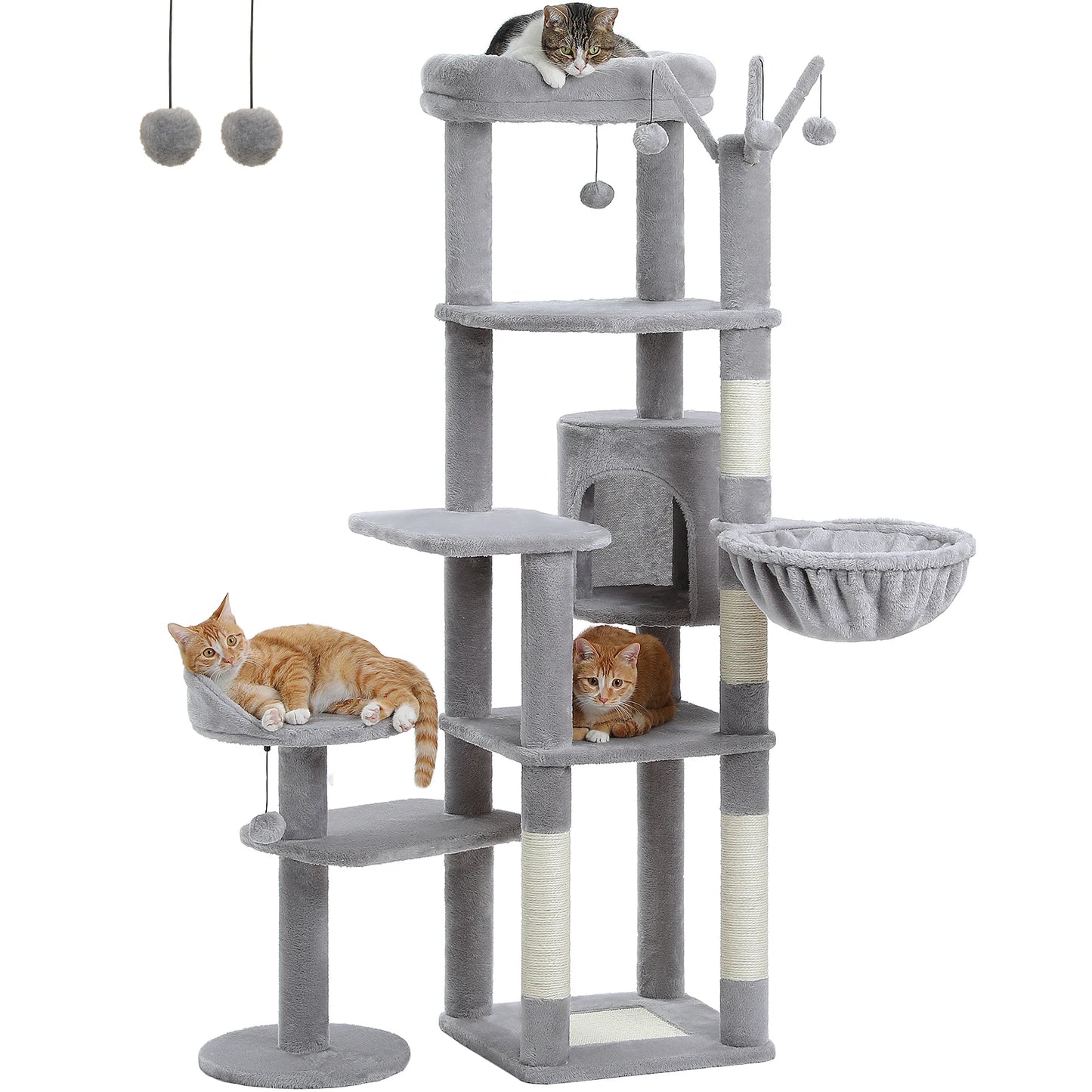 SHA CERLIN 65in Larger Cat Tree Tower Condo for Indoor Kitties/Multi-Level Furniture Activity Center with Wide Base/Cozy Plush Cat Perches/Baskets/Sisal Scratching Posts and Hammock/Beige