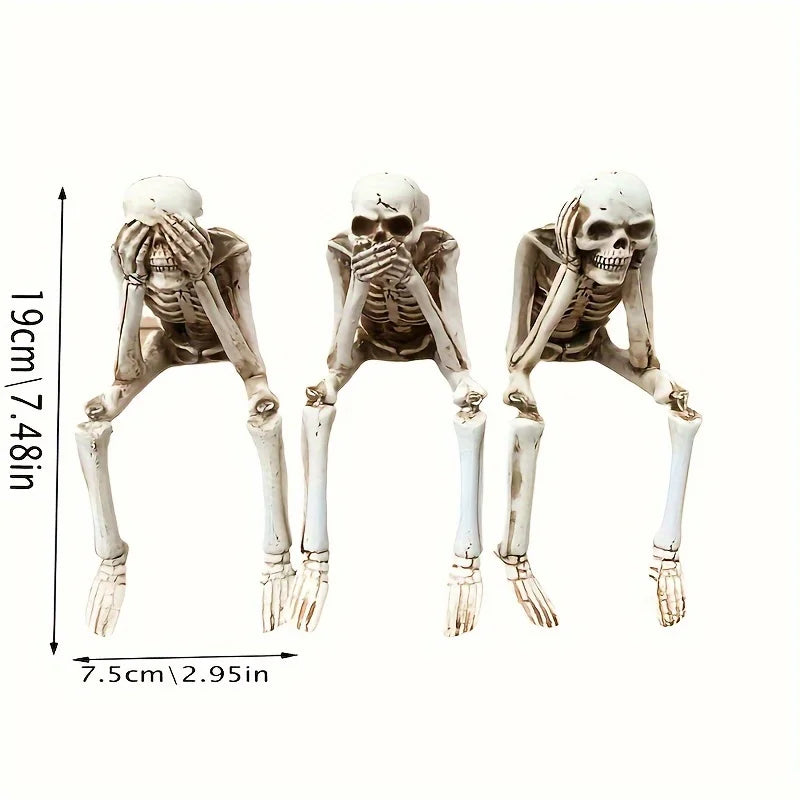 3 Skeleton Figurines No See Hear Speak Resin Gothic Skeleton Statues with Movable Legs