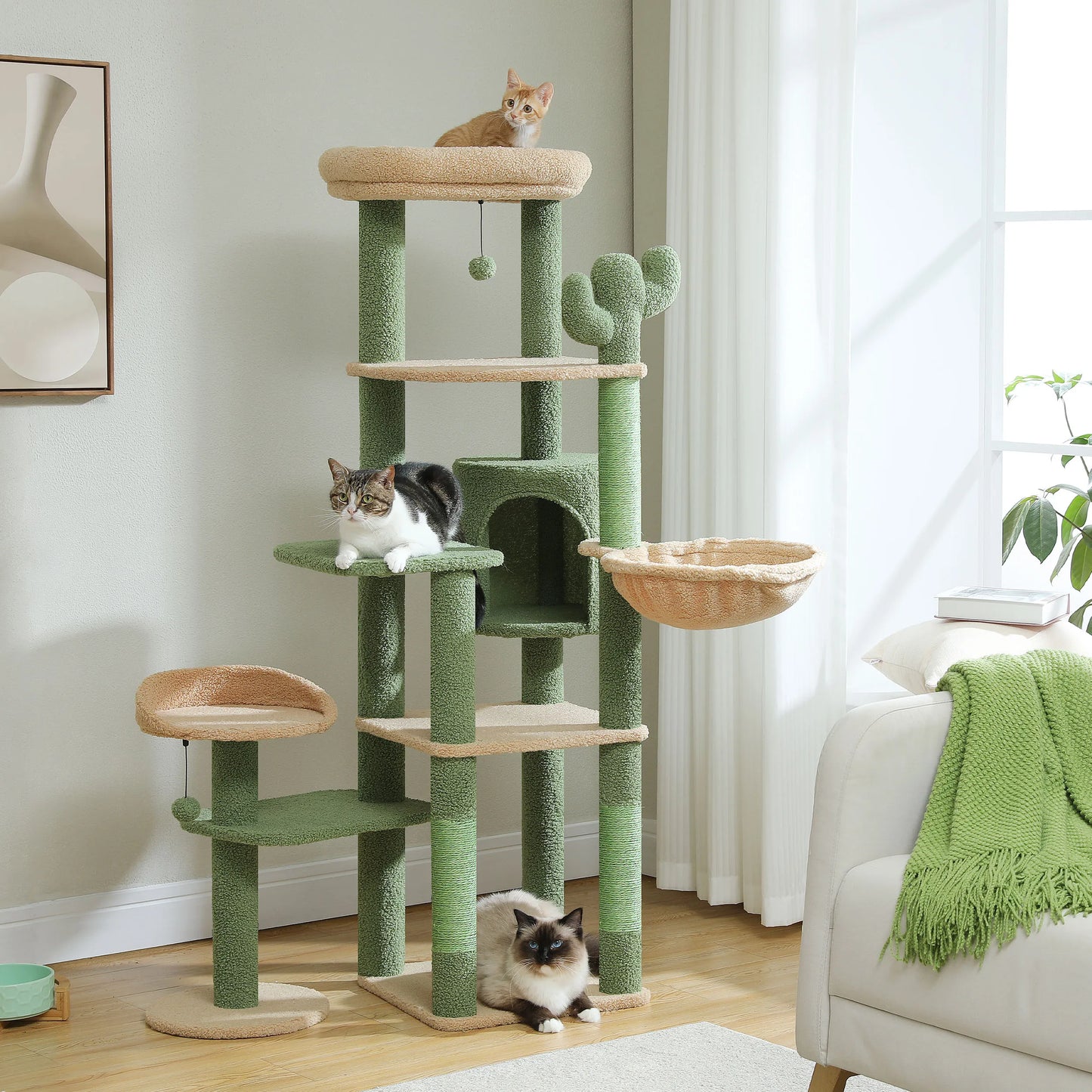 SHA CERLIN 65in Larger Cat Tree Tower Condo for Indoor Kitties/Multi-Level Furniture Activity Center with Wide Base/Cozy Plush Cat Perches/Baskets/Sisal Scratching Posts and Hammock/Beige