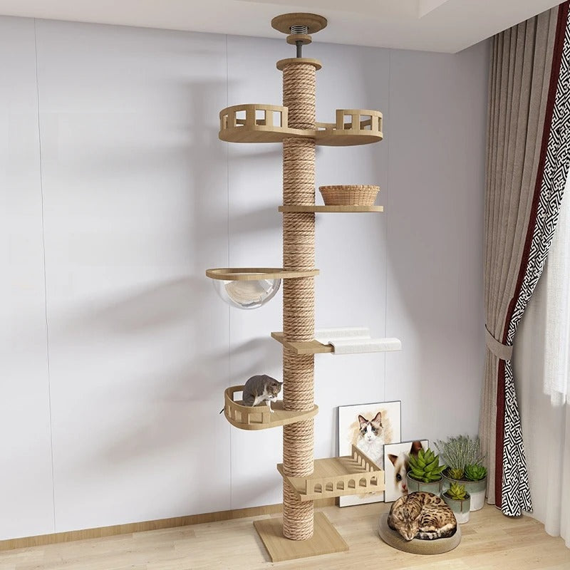 Adjustable Floor-to-Ceiling Tall Cat Tree Tower, Multi-Level Condo with Scratching Post & Hammock, 250–270cm