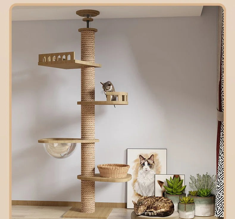 Adjustable Floor-to-Ceiling Tall Cat Tree Tower, Multi-Level Condo with Scratching Post & Hammock, 250–270cm